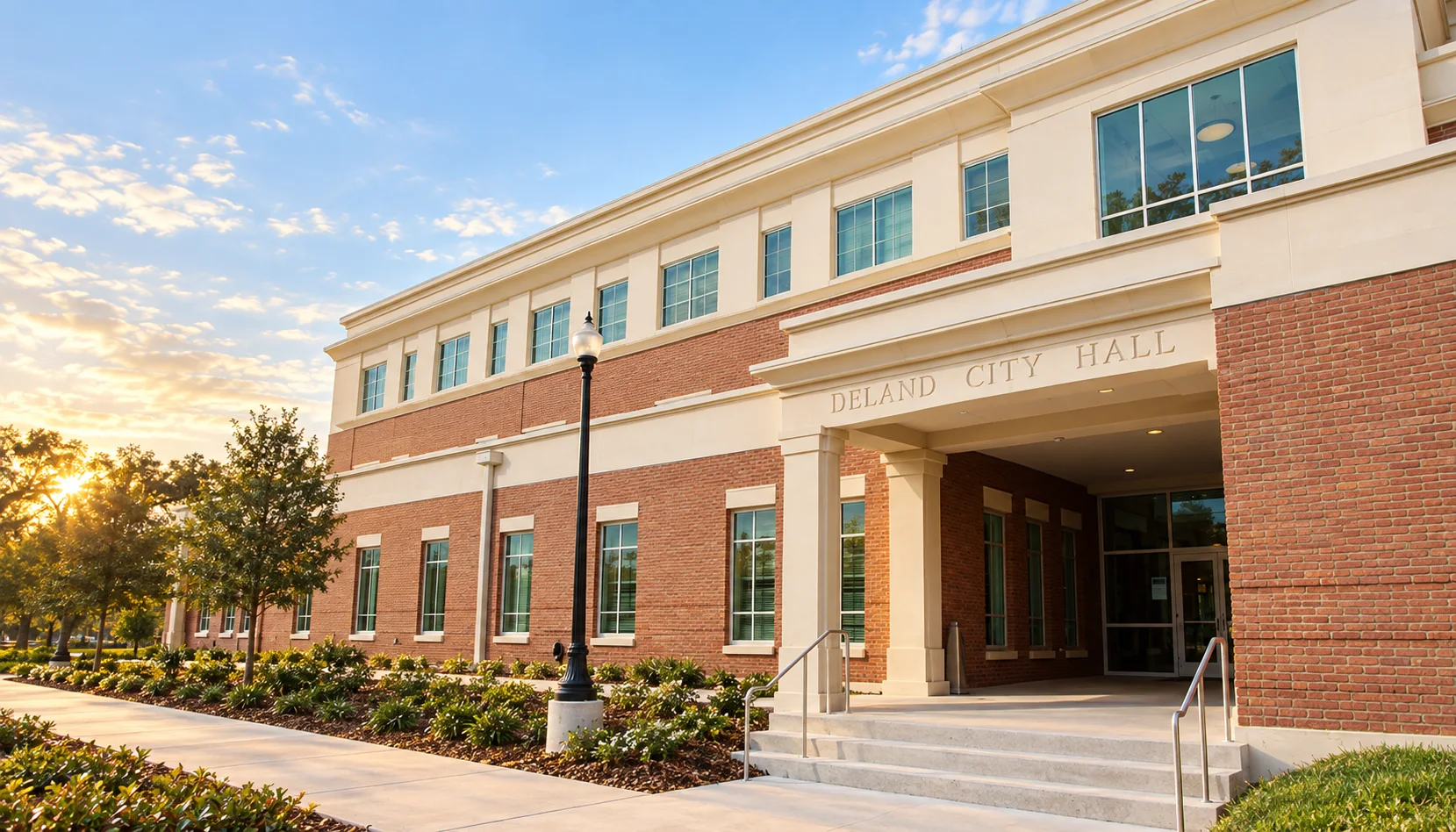 Photorealistic illustration of DeLand City Hall at 120 South Florida Avenue, with its brick façade and signed entrance