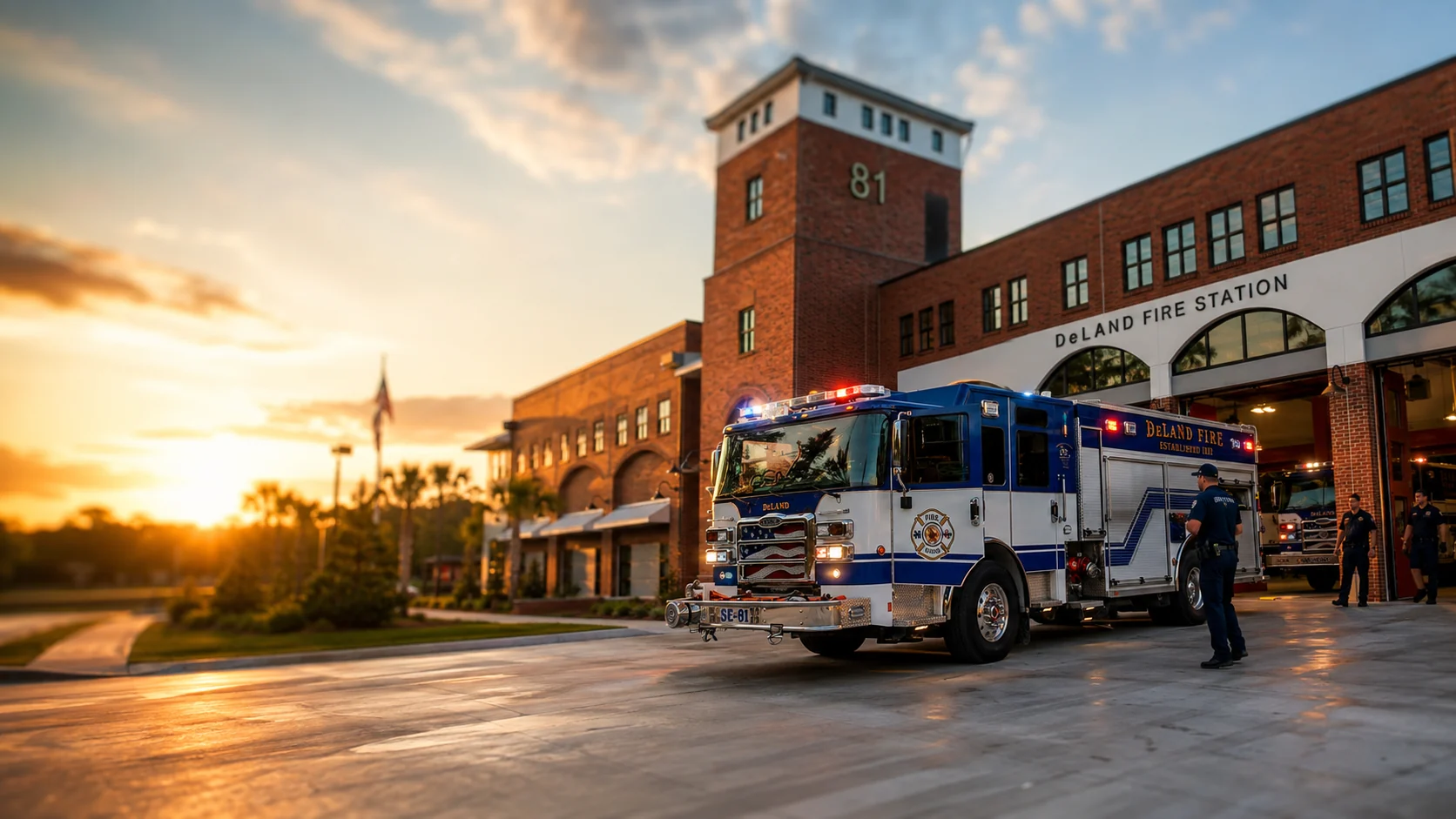 A DeLand Fire Rescue engine outside Fire Station 81 at sunset