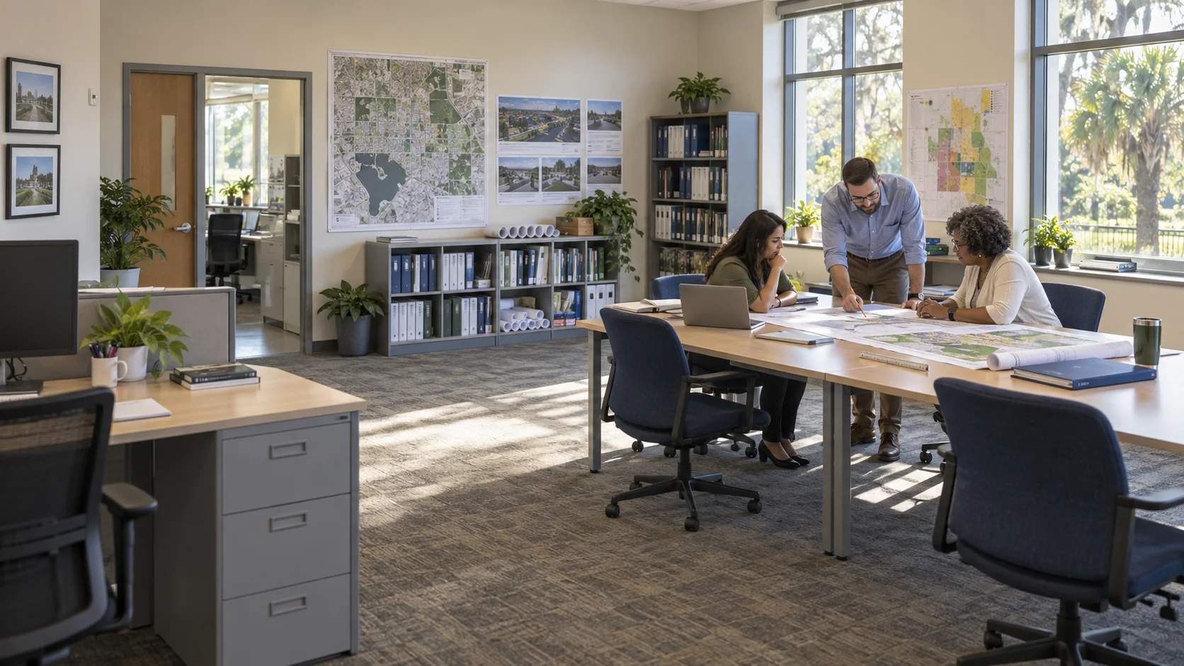 Wide photorealistic illustration of three fictional planning colleagues reviewing maps and site plans in a spacious municipal office